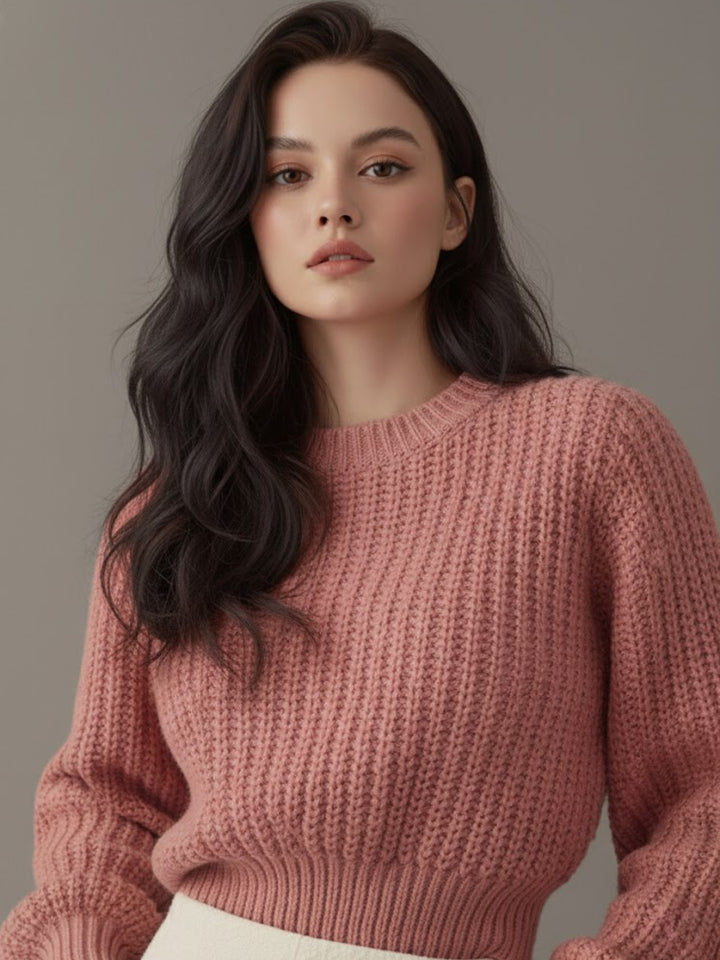 Pink Puff Sleeve High Neck Plain Chunky Sweater