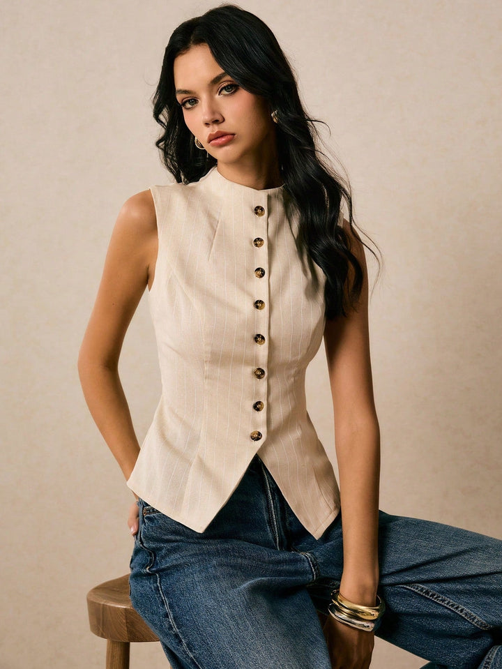 Cream Sleeveless Front Buttoned Fitted Vest