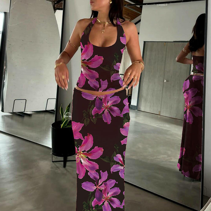 Black Printed Halter Top With Skirt Co-Ord Set