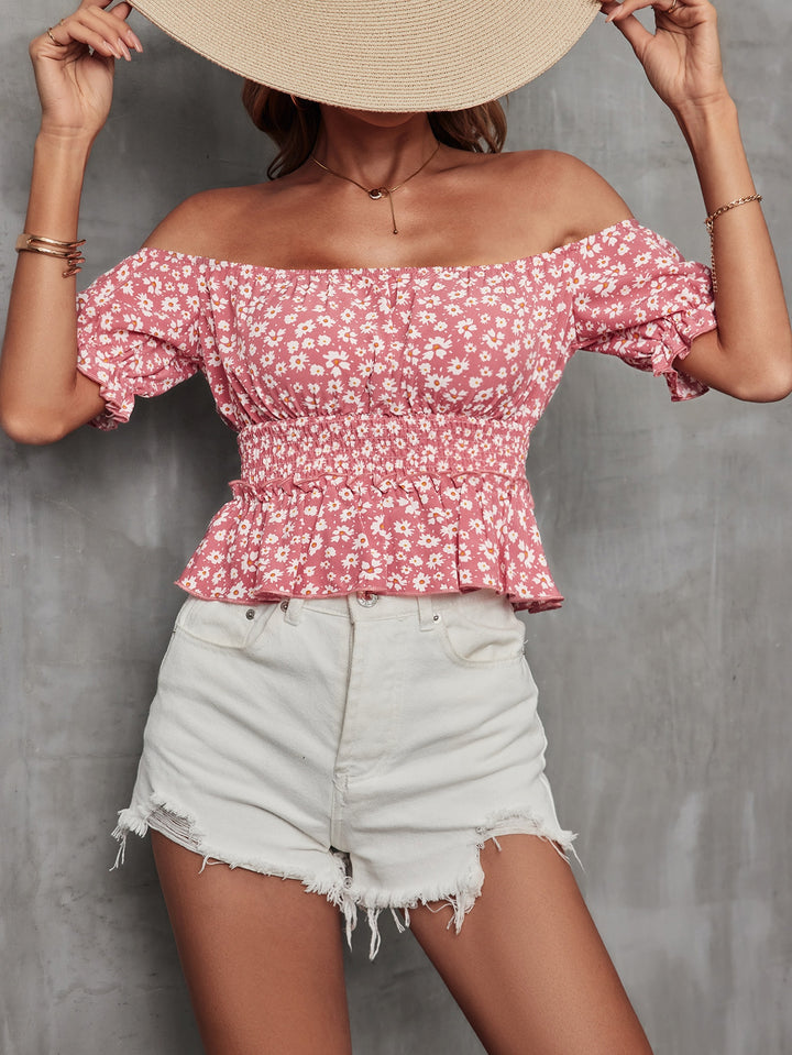 Red Ditsy Print Off Shoulder Top