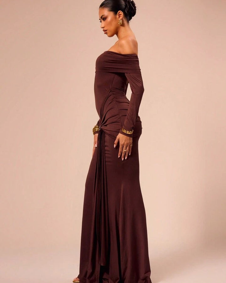 Red Off-Shoulder Maxi Dress With Metal Buckle