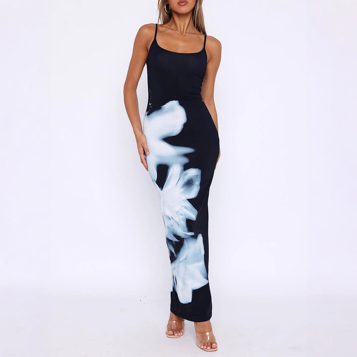 Black Spaghetti Strap Printed Dress
