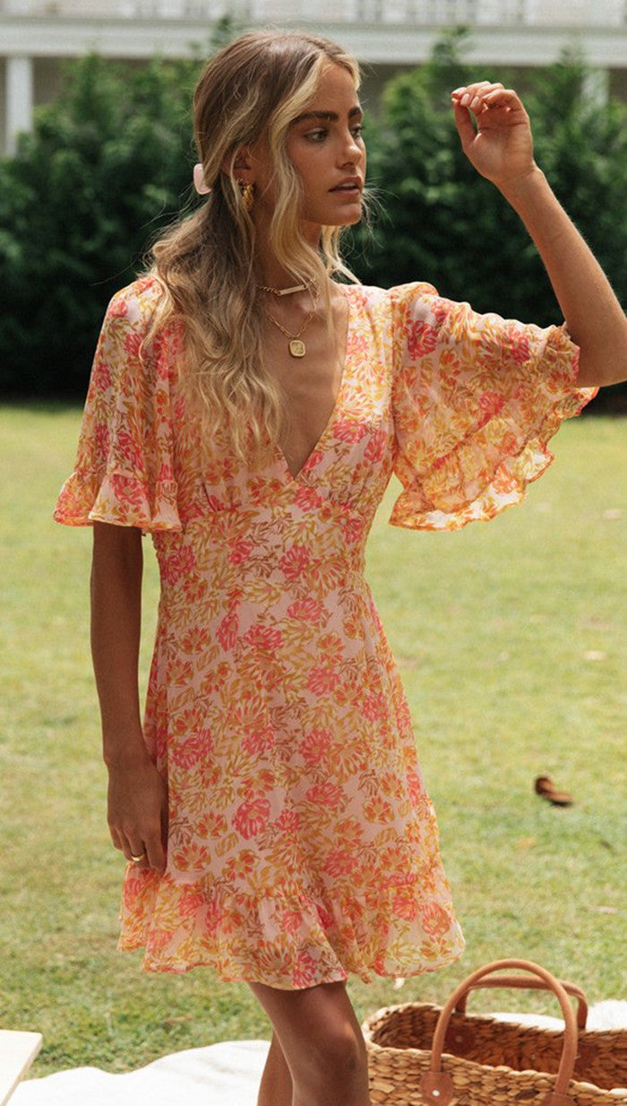 Orange Deep V Neck Printed Flutter Sleeves Dress
