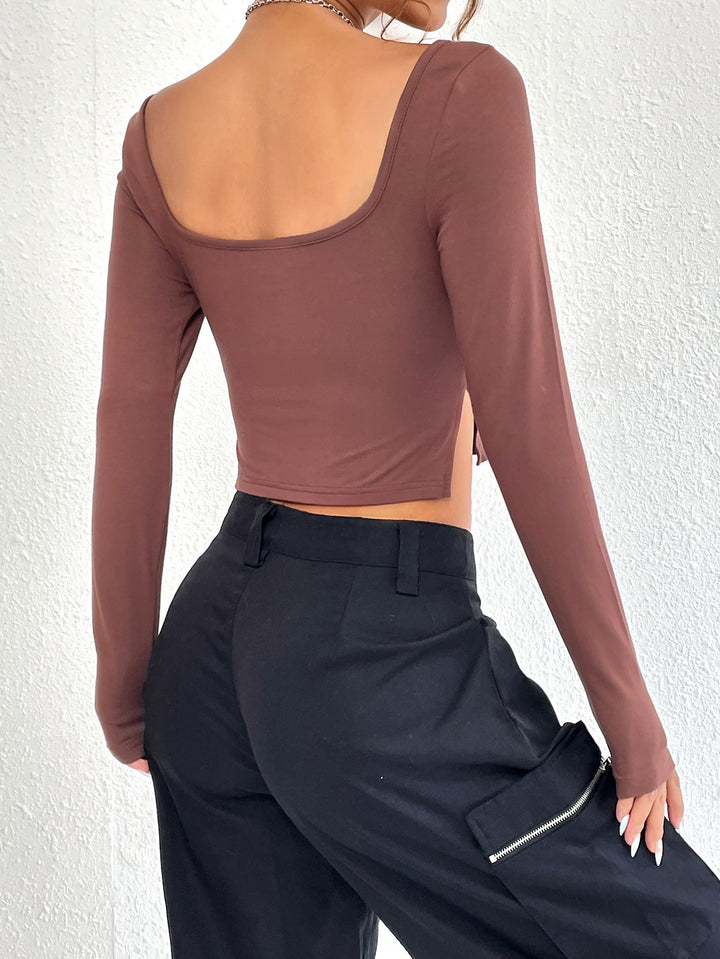 Brown Scoop Sweetheart Neckline Fitted Top