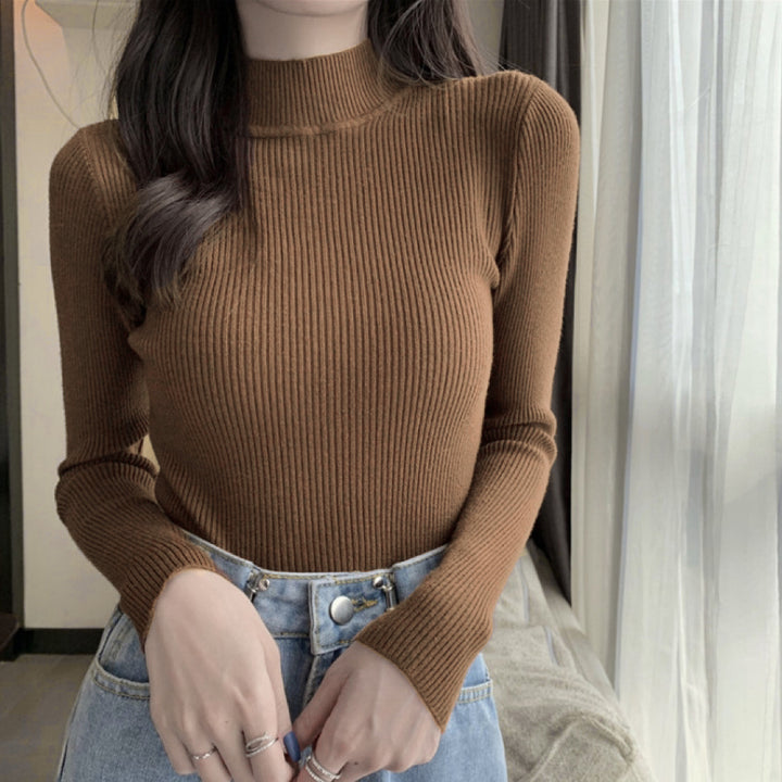 Brown High Neck Flat Knit Top