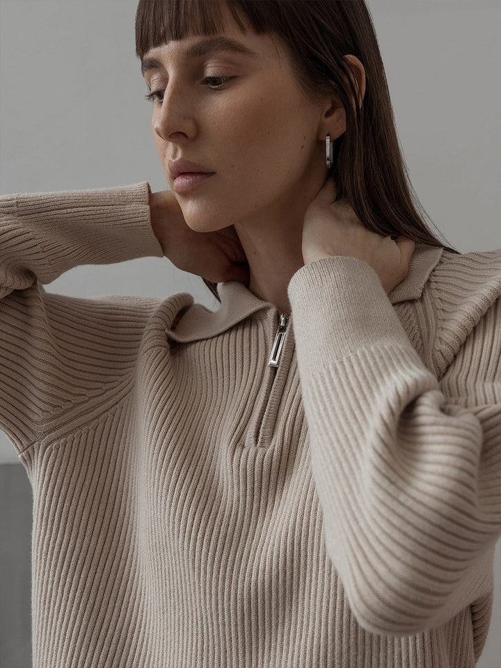 Beige Collared Zip Up Sweater