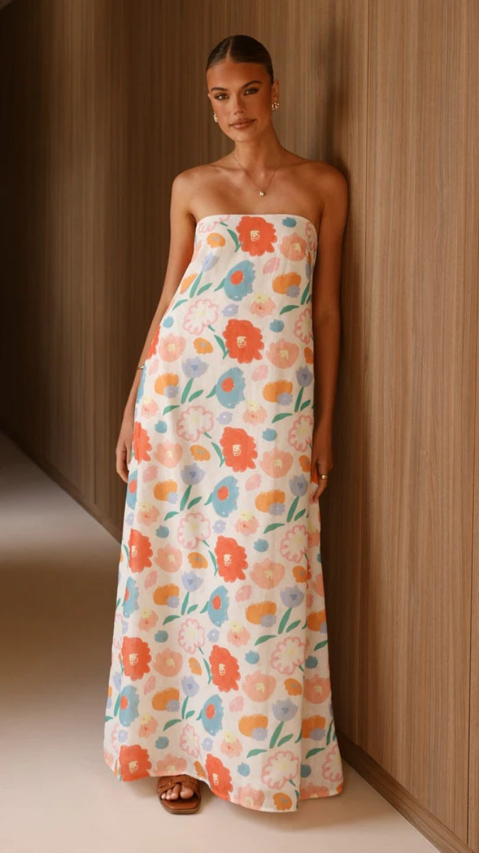 White Strapless Floral Printed Dress