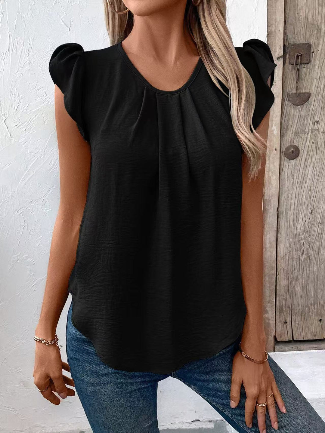 Black Petal Sleeve Round Neck Top