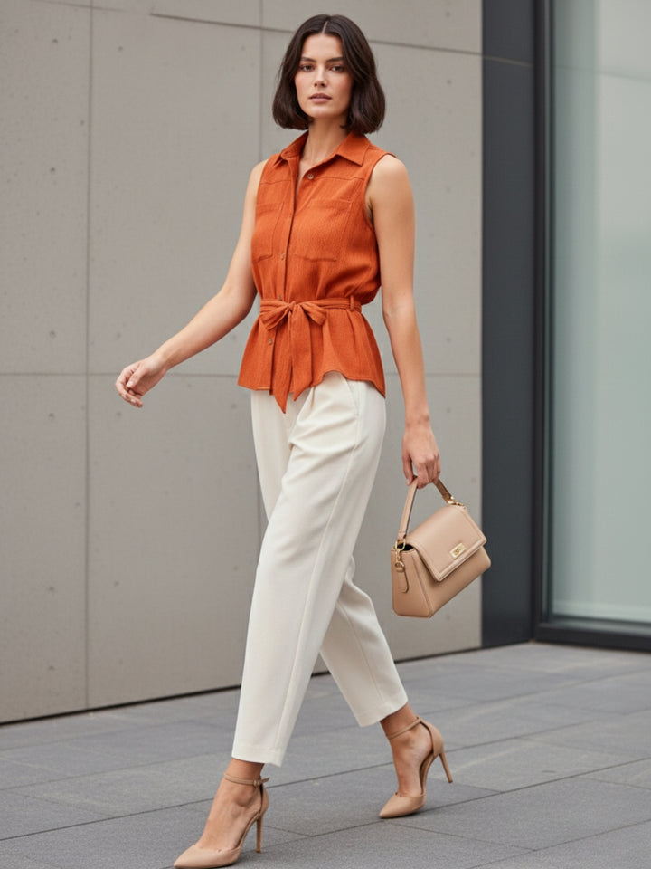 Rust Sleeveless Shirt With Pocket And Tie Up Detail