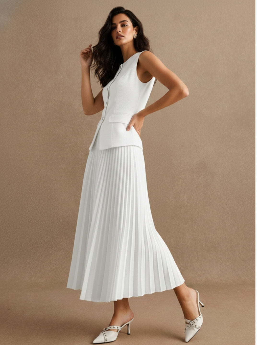 White Sleeveless Fitted Vest & Pleated Skirt Set
