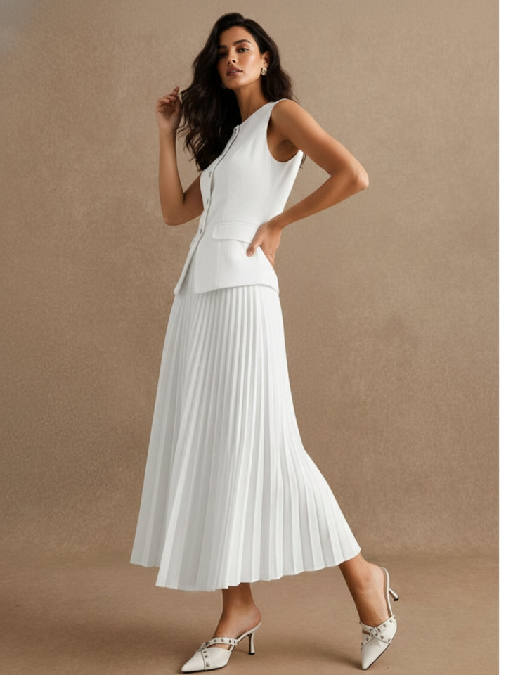 White Sleeveless Fitted Vest & Pleated Skirt Set
