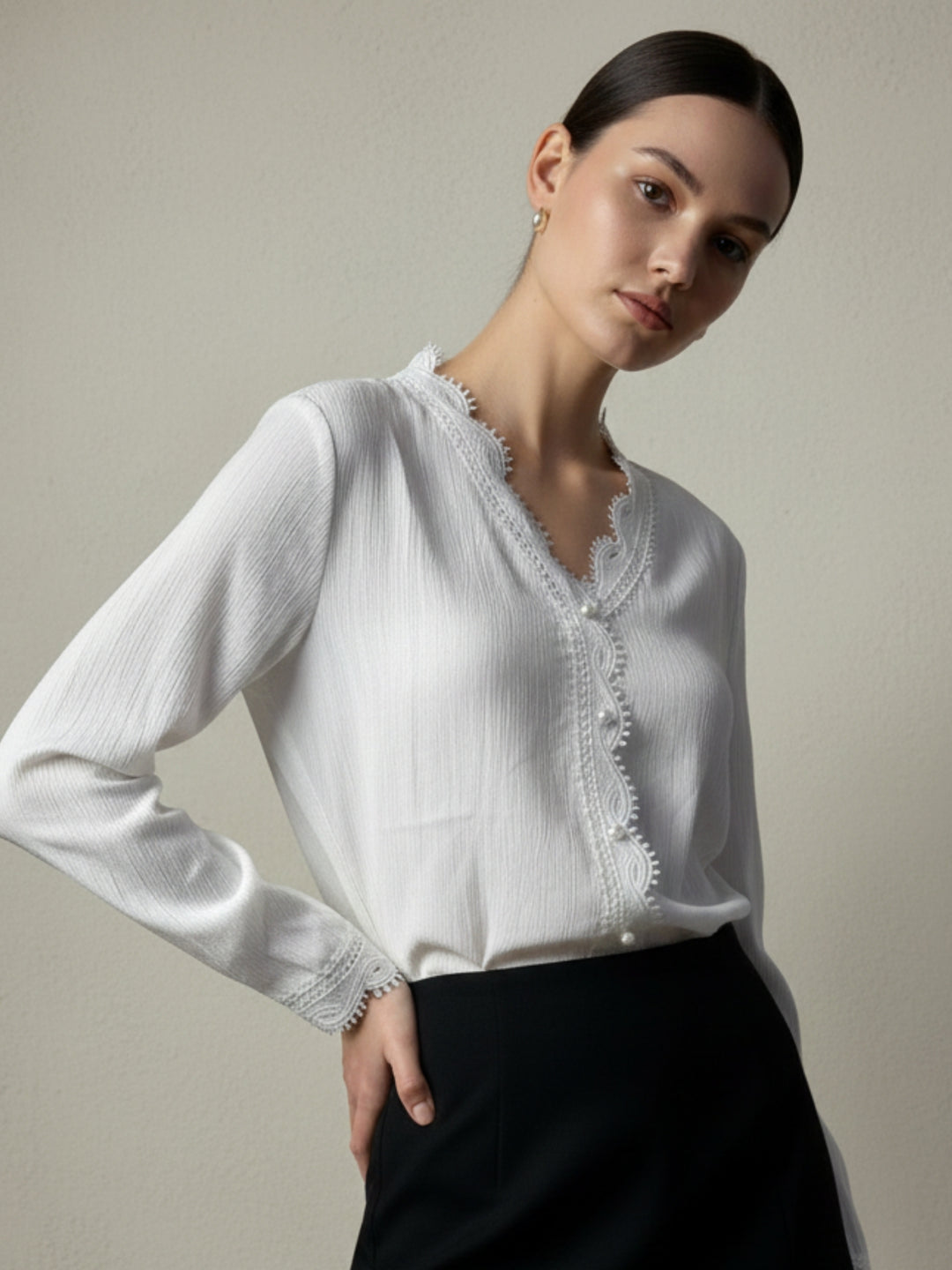 White Scallop Neckline Top