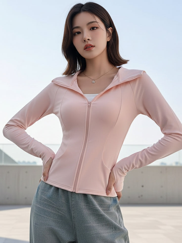 Pink Full Sleeves Front Zip Hooded Jacket