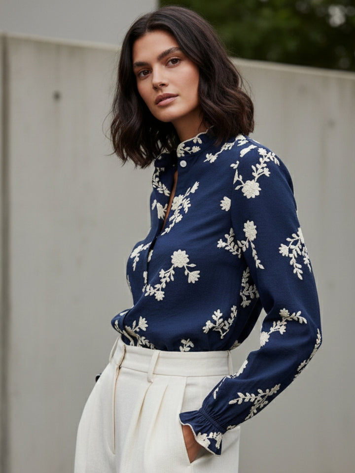 Navy Blue Bishop Sleeve Front Buttoned Embroidered Top