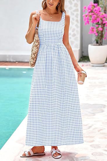 Light Blue Striped Square Neck Cinched Waist Dress
