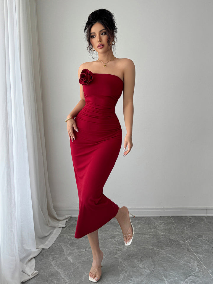 Red Strapless Flower Attached Dress
