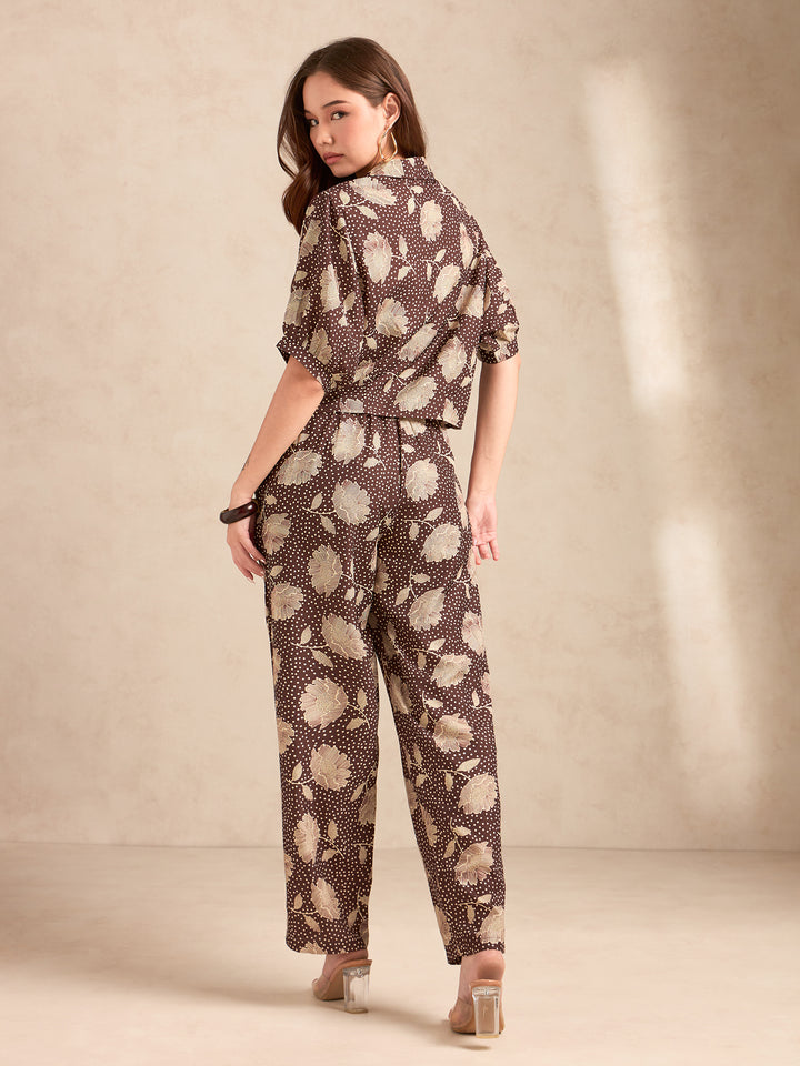 Brown All Over Printed Co-Ord Set With Puff Sleeves