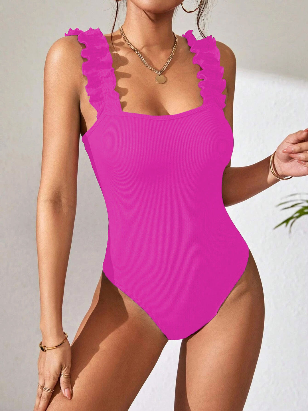 Magenta Square Neck Ruffle Bodysuit