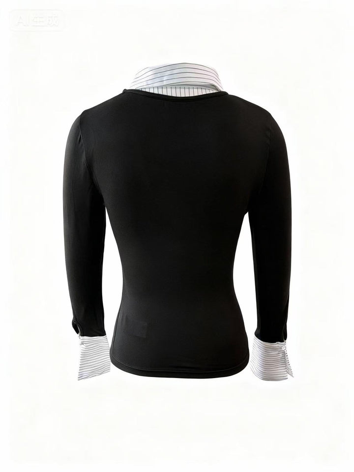 Black Full Sleeve Contrast Collar Fitted Top