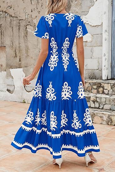 Blue Wrap Neck Contrast Coloured Printed Dress