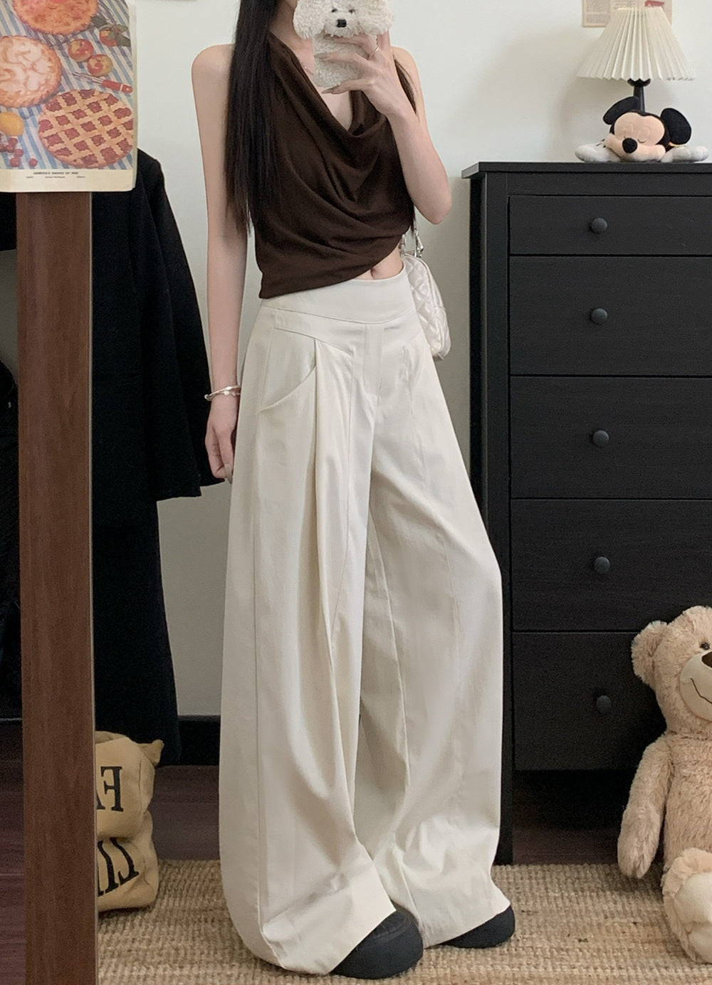 Off White High Waist Pleated Baggy Pant