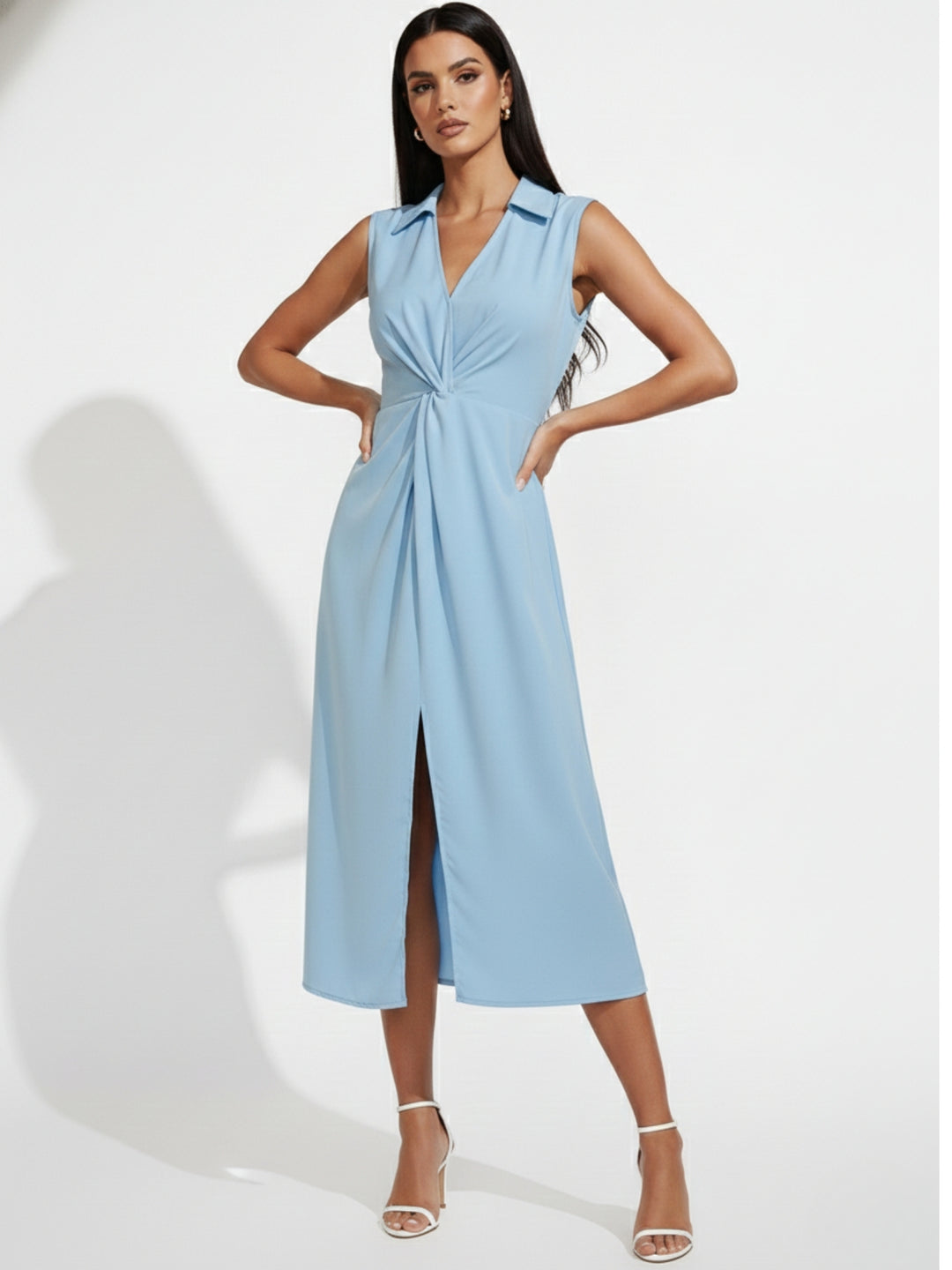 Light Blue Sleeveless Collared Slit Dress