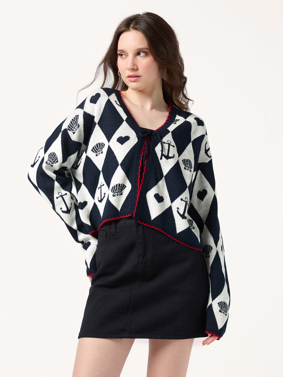 Navy Blue Graphic Tie Up Cardigan