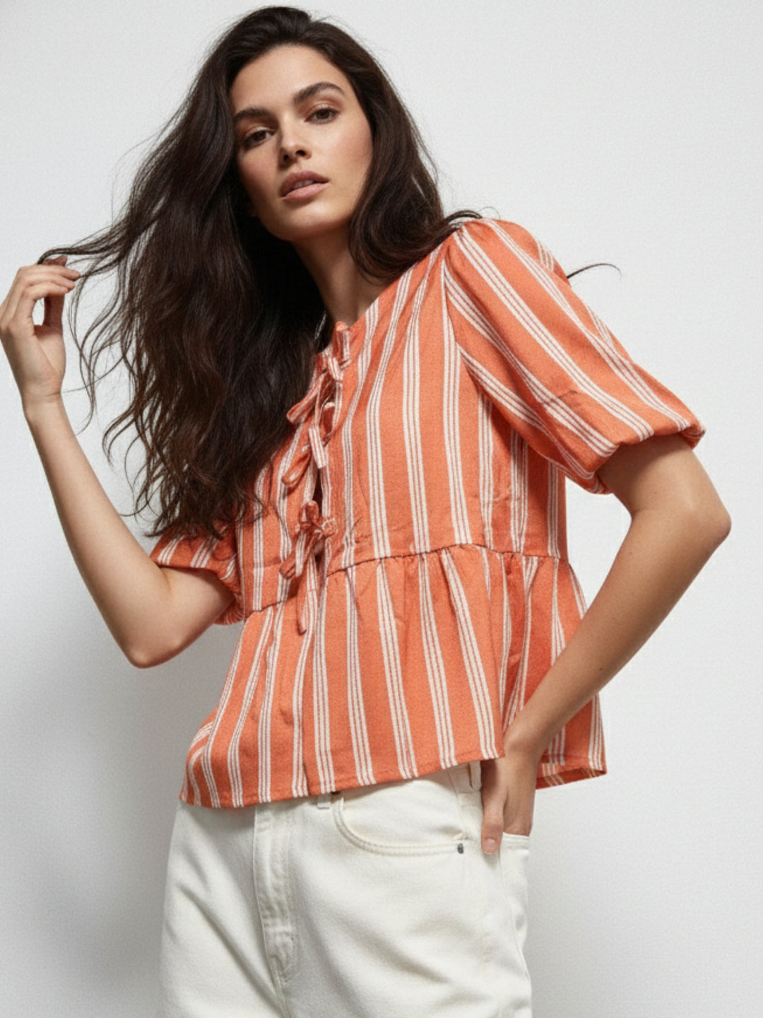 Orange Puff Sleeve Striped Bow Tie-Up Blouse