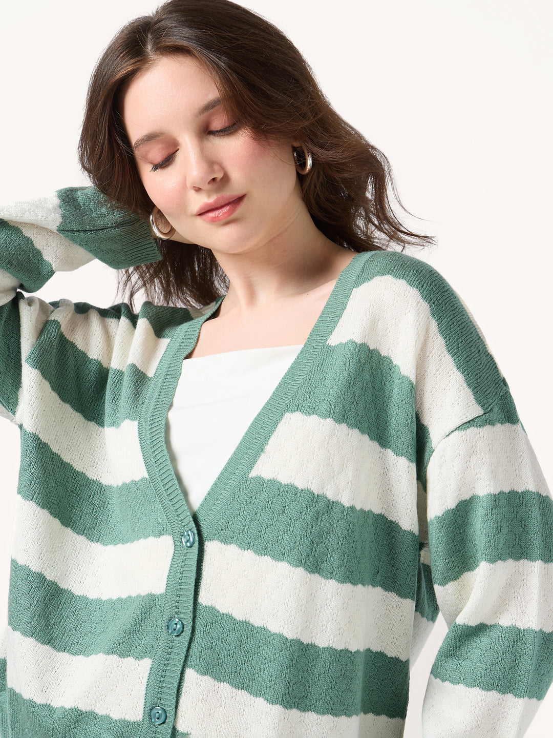Green Striped Boxy Cardigan