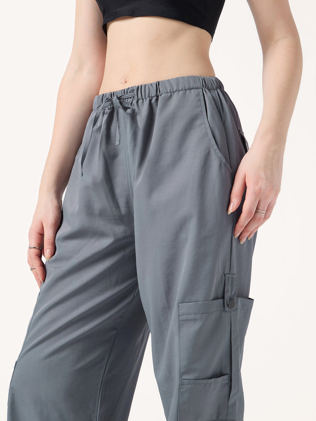 Grey Cargo Pockets Drawstring Wid Leg Trouser