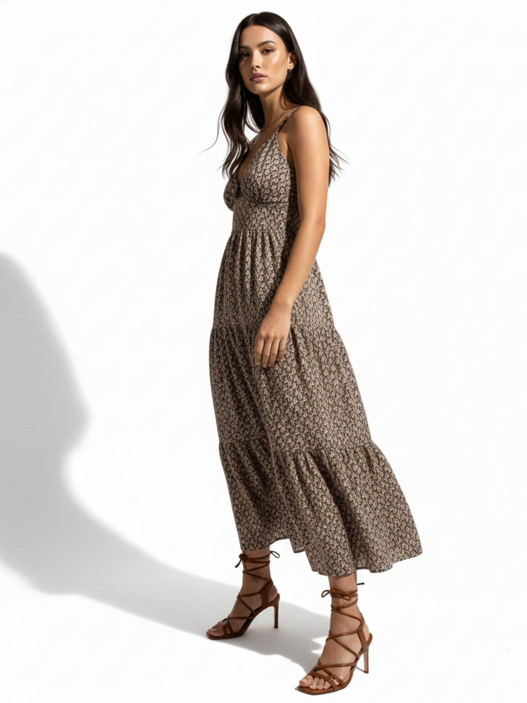Brown Spaghetti Strap Tiered Dress