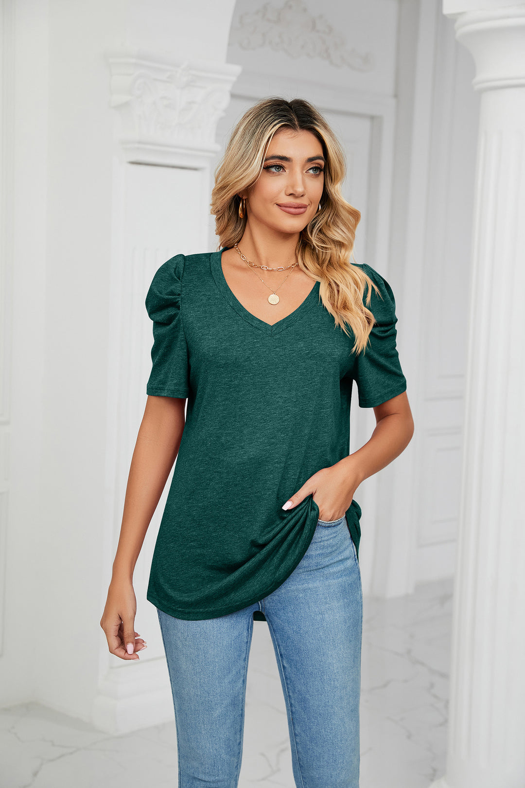 Green Puff Sleeves V Neck Top