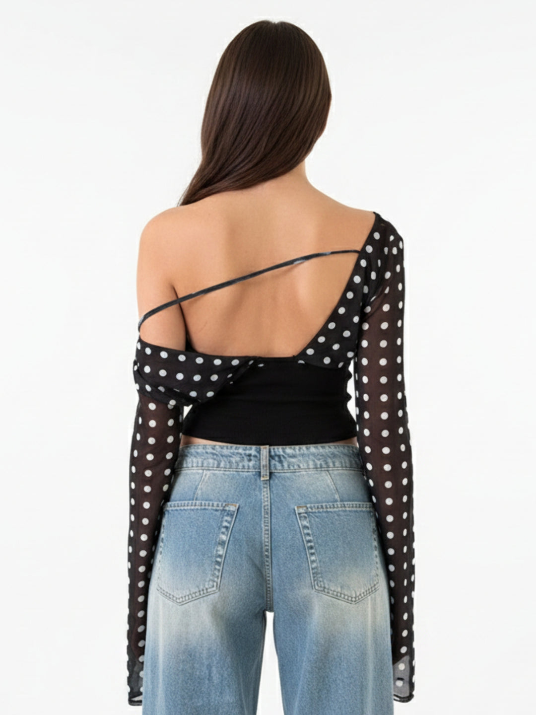 Black Off-Shoulder Polka-Dotted Top
