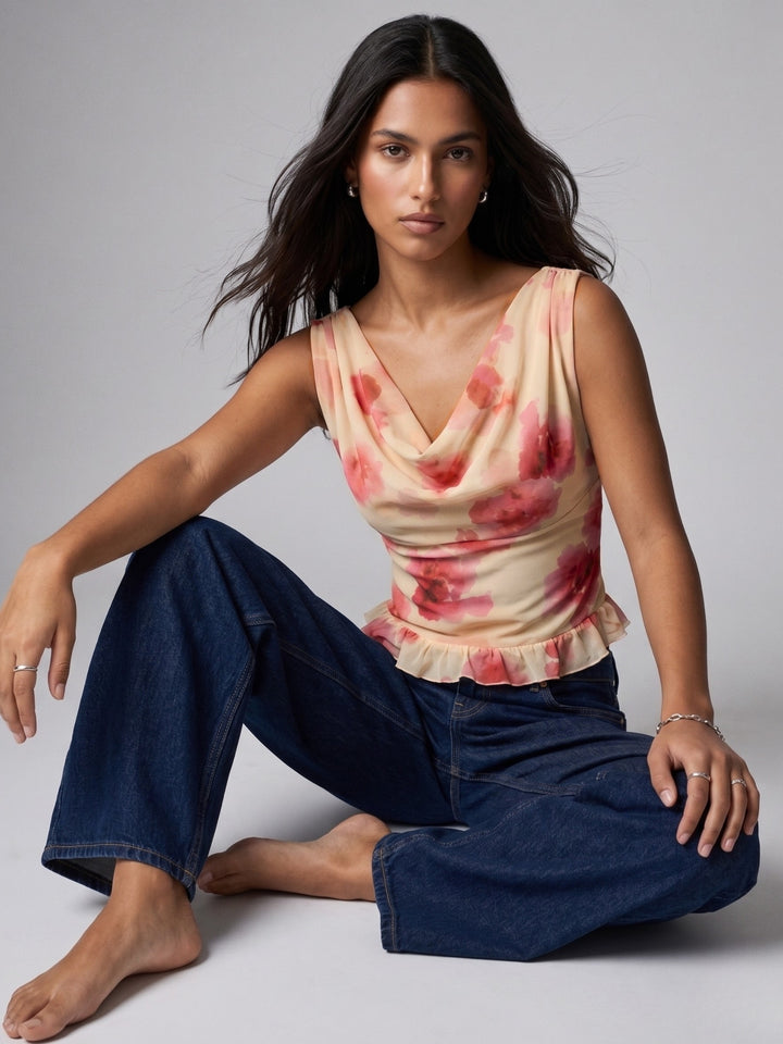 Multi Floral Cowl Neck Mesh Top