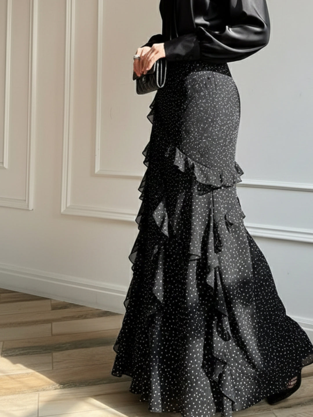 Black Tiered Maxi Skirt With Ruffles Detailing