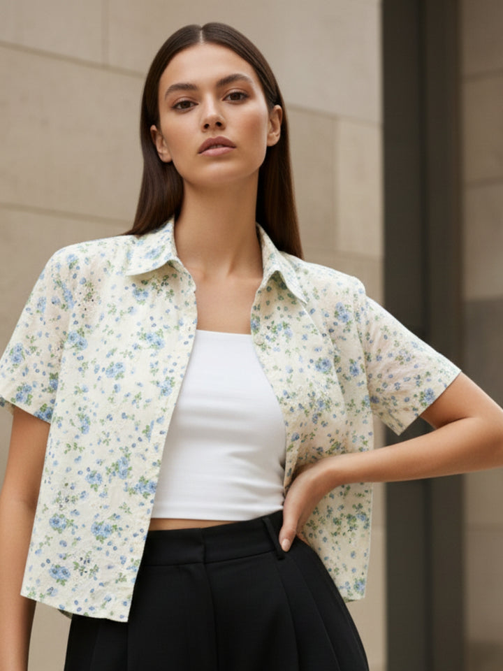 White Printed Cotton Schiffli Cropped Shirt