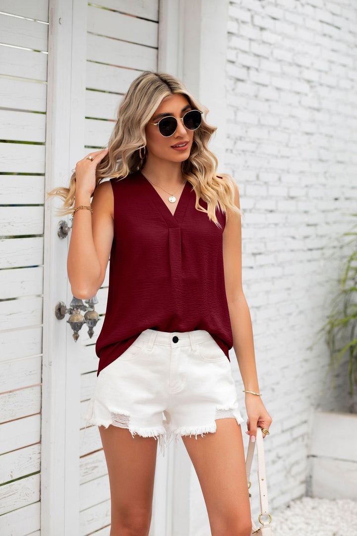 Maroon Sleeveless V Neck Solid Top