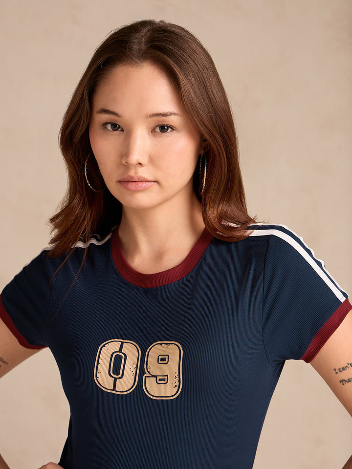 Navy Blue Graphic Fitted T-Shirt