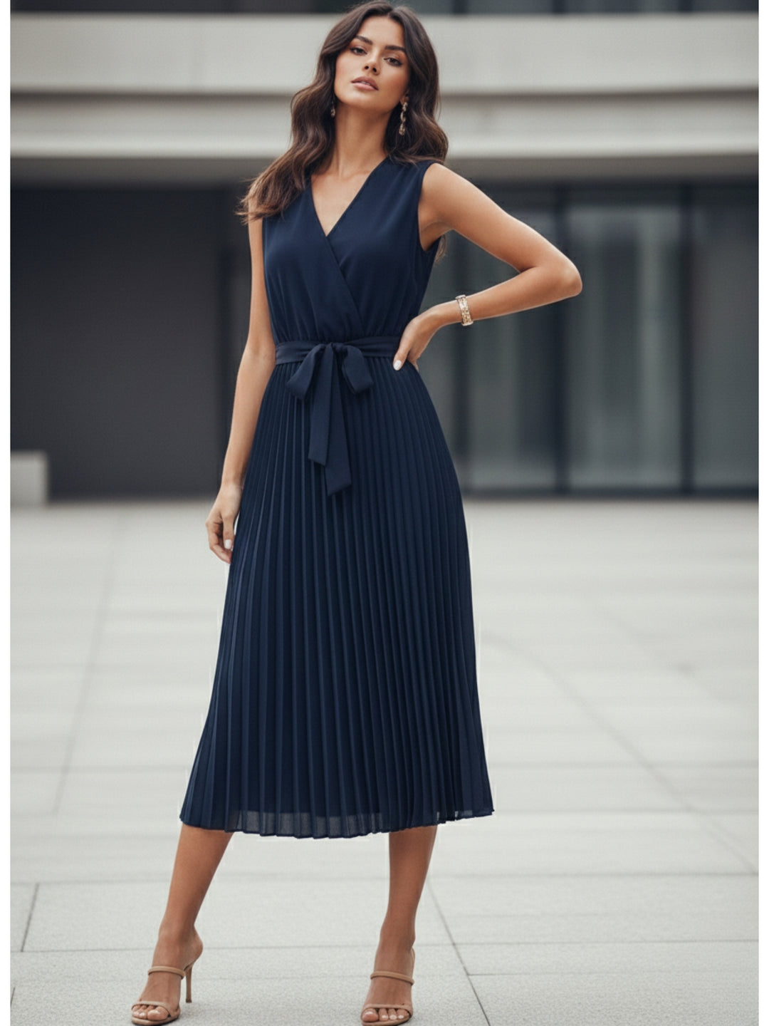 Navy Blue Sleeveless Waist Tie-Up Pleated Dress