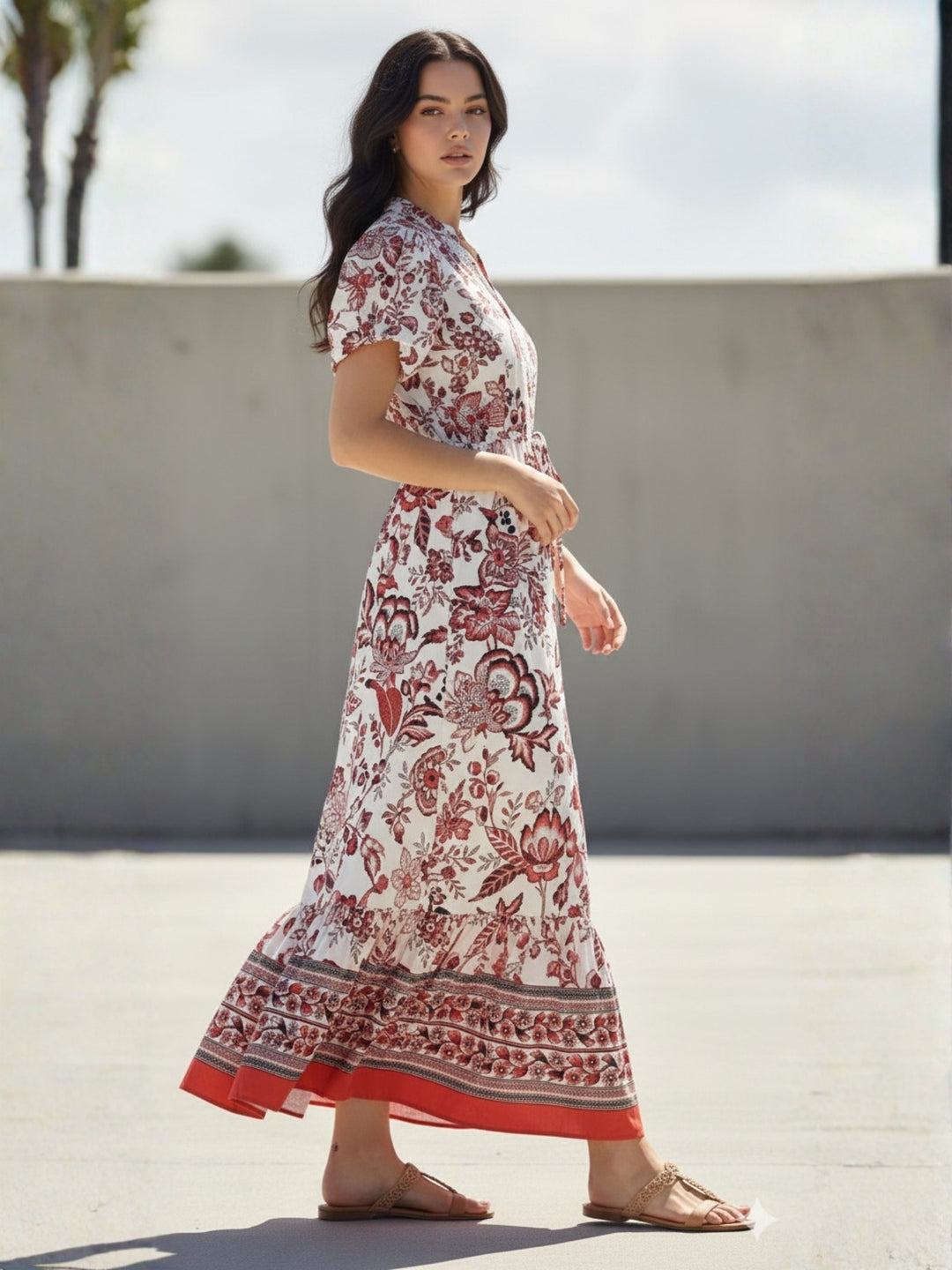 Red Short Sleeve Waist Tie-Up Printed Dress