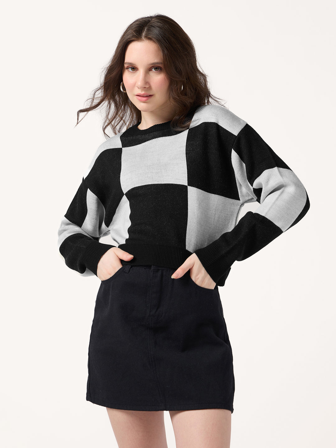 Black Colour Block Checkered Sweater