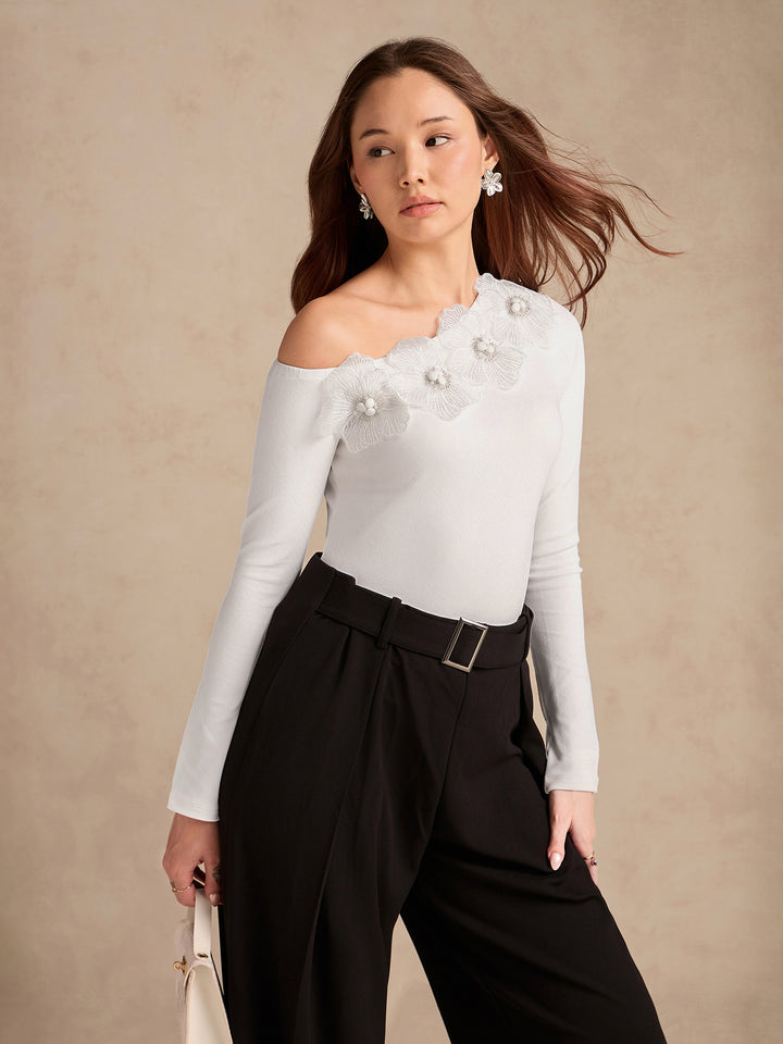 White Off-Shoulder Top With Floral Embellishments