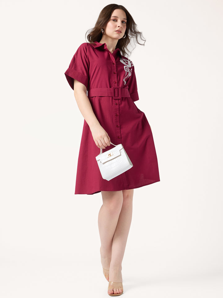 Wine Shirt Dress With Print And Belt Detail