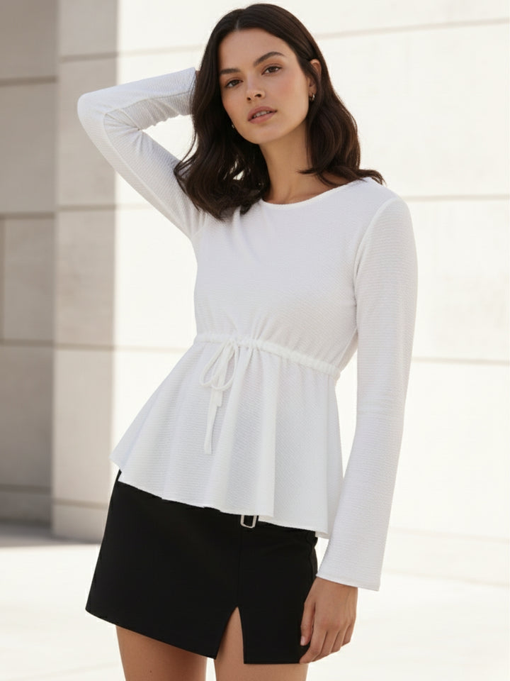 White Deep Round Neck Peplum Top With Full Sleeves