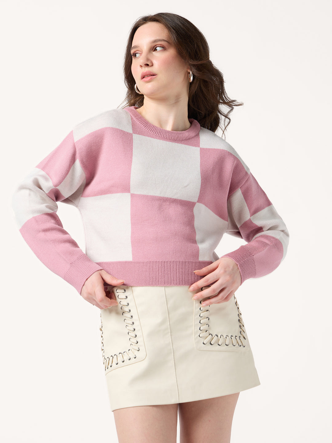 Pink Colour Block Checkered Sweater