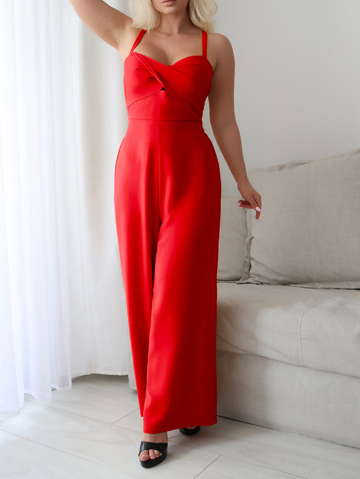 Red Halter Neck Sweetheart Neckline Jumpsuit