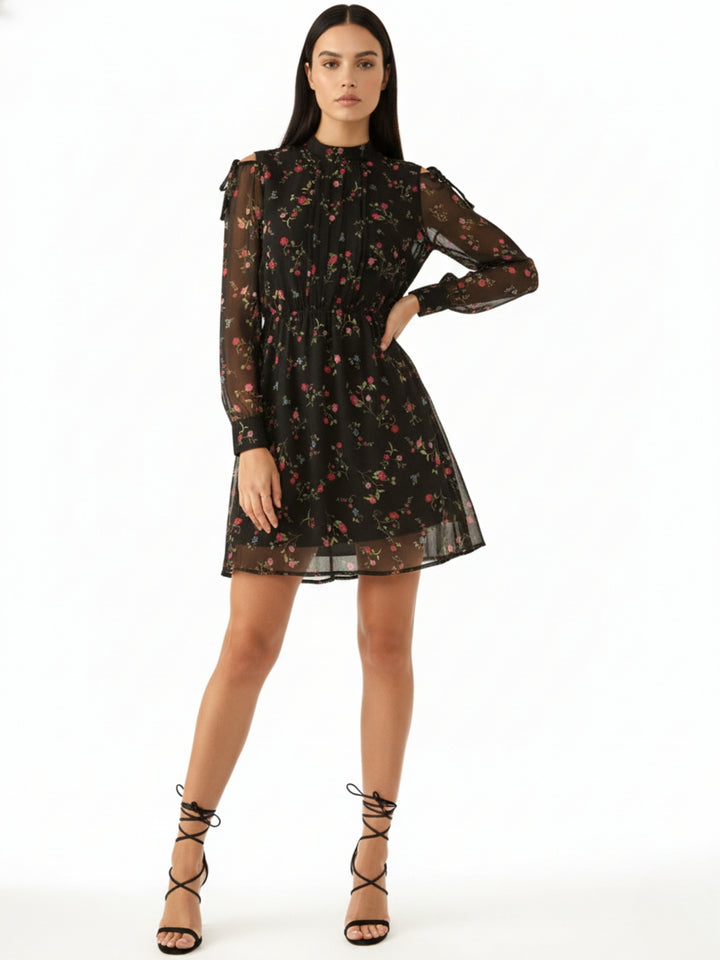 Black Floral Sheer Fit & Flare Mini Dress