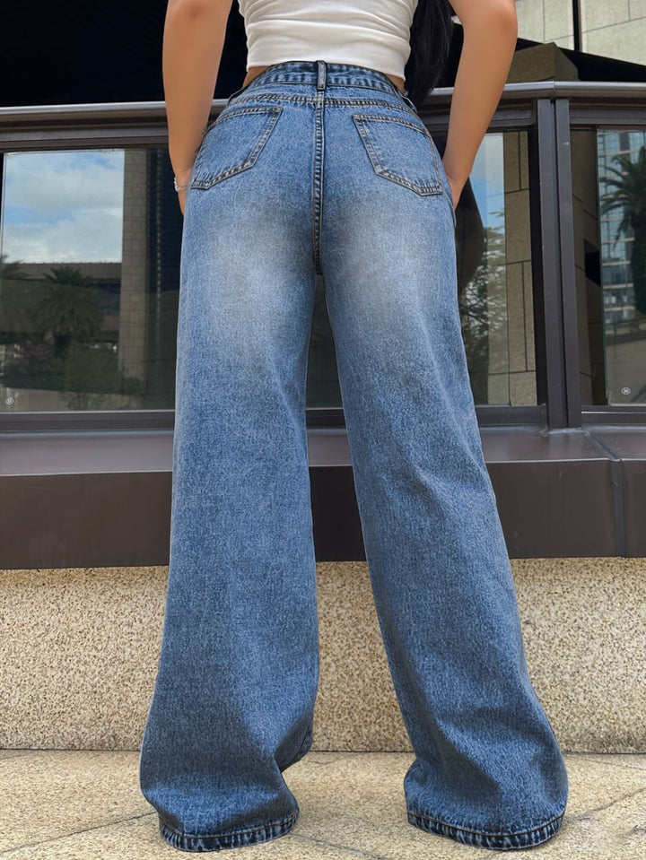 Blue Distressed Washed Wide Leg Denim