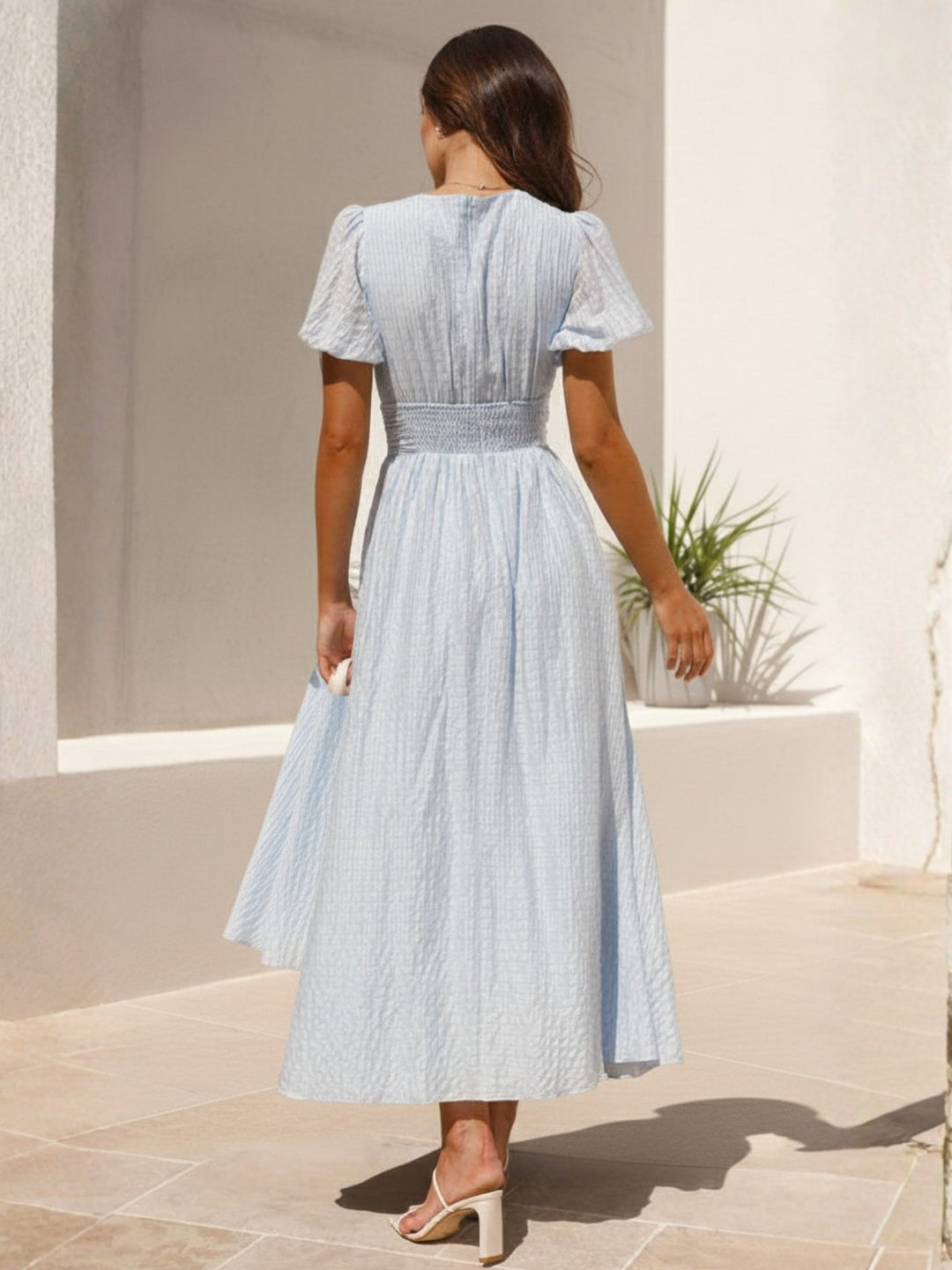 Blue Plunge Neck Puff Sleeved Dress