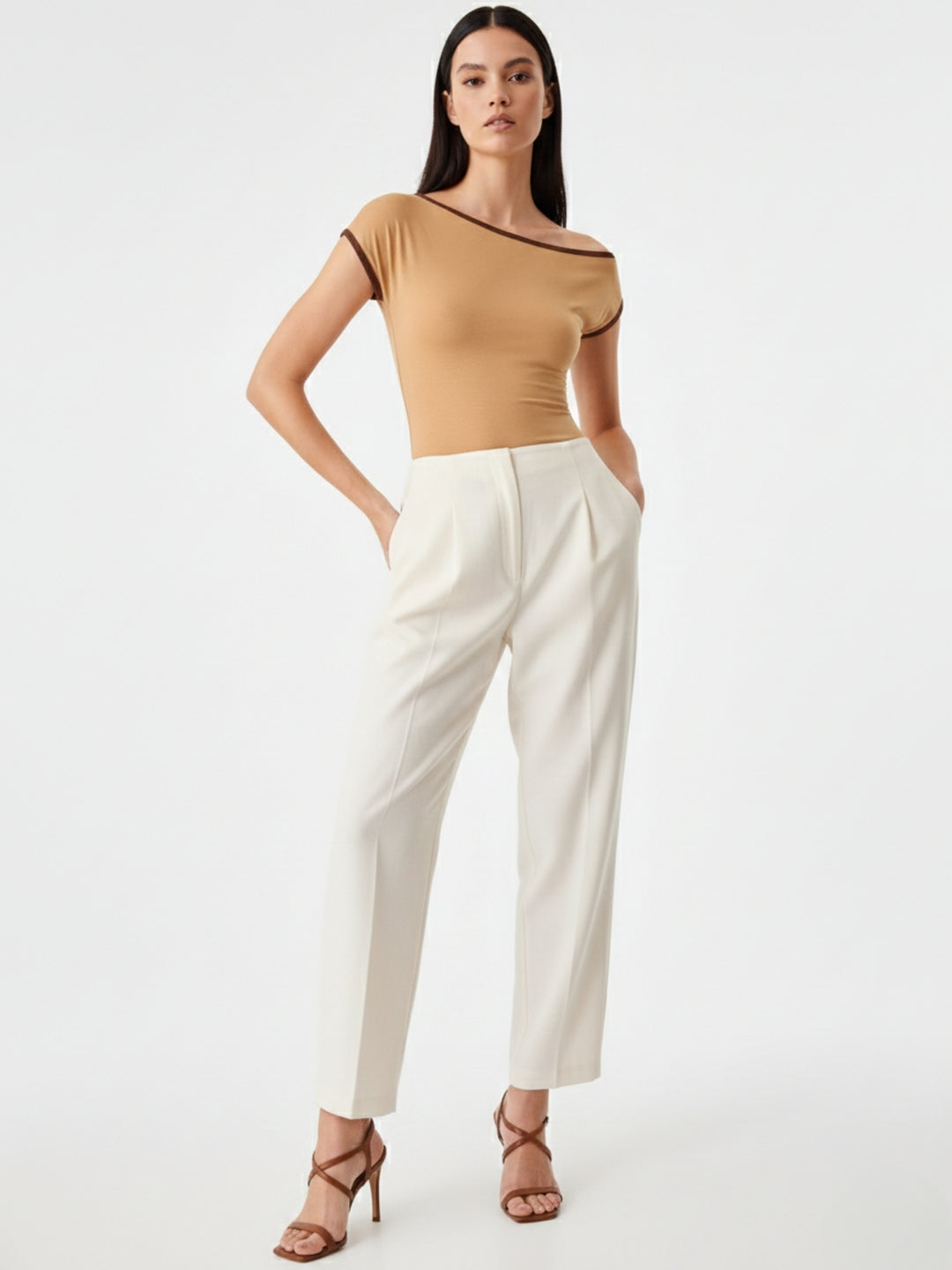 Beige Off-Shoulder Contrast Rib Knit Top